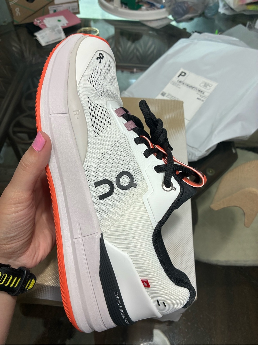 On Running Women's White and Coral Performance Sneakers - Picture 2 of 5
